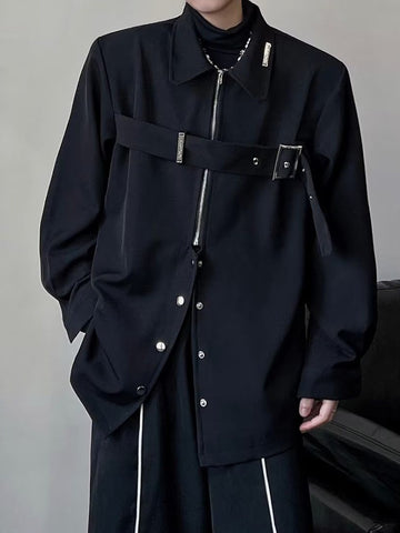 Riolio Techwear Shirts Men Darkwear Hip Hop Blouses Punk Black Long Sleeve Button Up Male Zipper Harajuku Japanese Streetwear